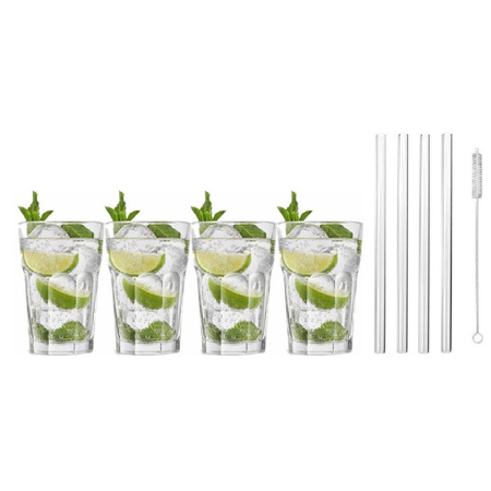 4x Cocktailglazen / Mojito glazen transparant 410 ml met glazen rietjes