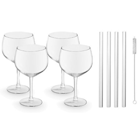 4x Cocktailglasses for 650 ml Gin Tonic with 4x glass drinking straws