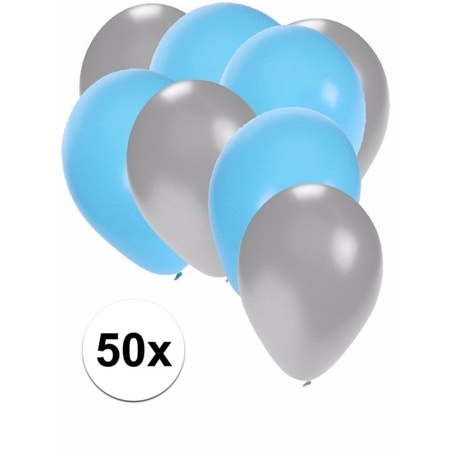 50x ballonnen - 27 cm -  zilver / lichtblauwe versiering