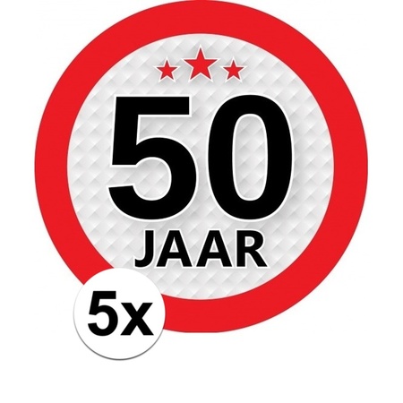 5x 50 Jaar leeftijd stickers rond 9 cm verjaardag versiering