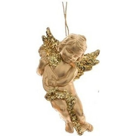 6x Gold angel with lute Christmas tree decoration 10 cm