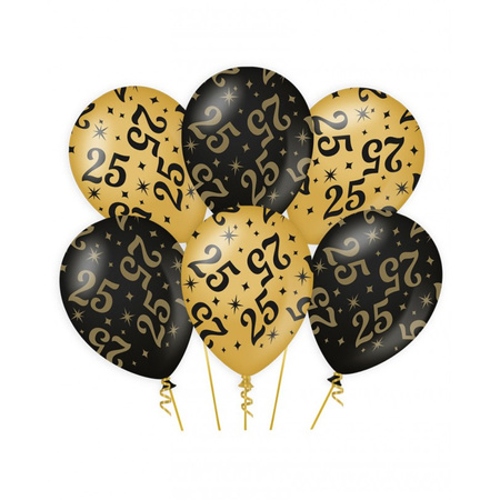 6x pieces Birthday party balloons black/gold 25 years 30 cm
