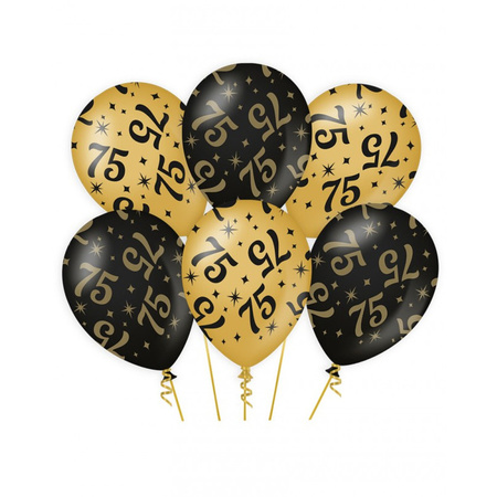 6x pieces Birthday party balloons black/gold 75 years 30 cm
