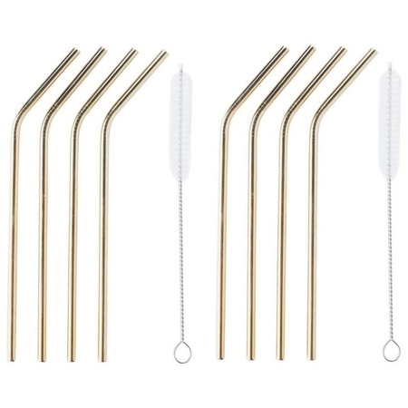 8x SS golden straws with 2 brushes 20 cm