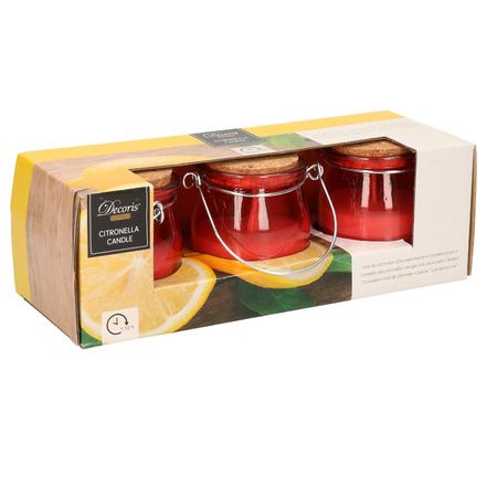 Citronella kaars - 3x - in rood glazen potje - 8 branduren - citrusgeur