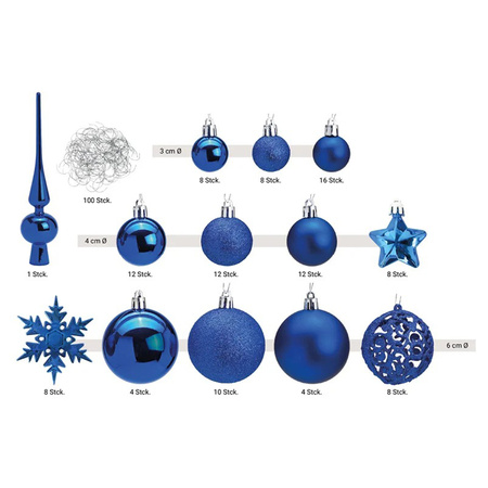 100x Plastic Christmas balls blue 3, 4 and 6 cm with peak