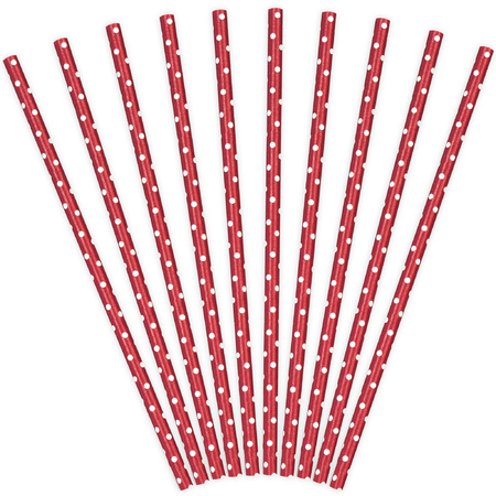 Drinkrietjes - papier - 10x - rood/wit polkadots - 19,5 cm - rietjes