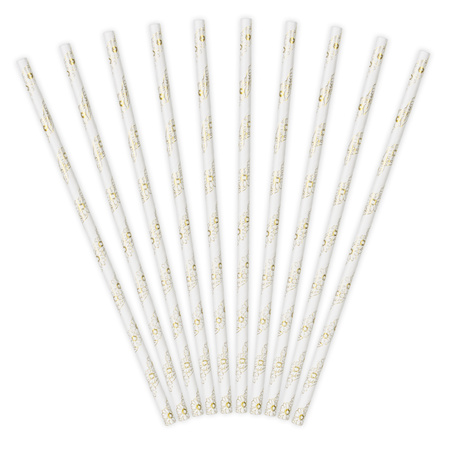 10x Paper straws with white gold flowers 19,5 cm