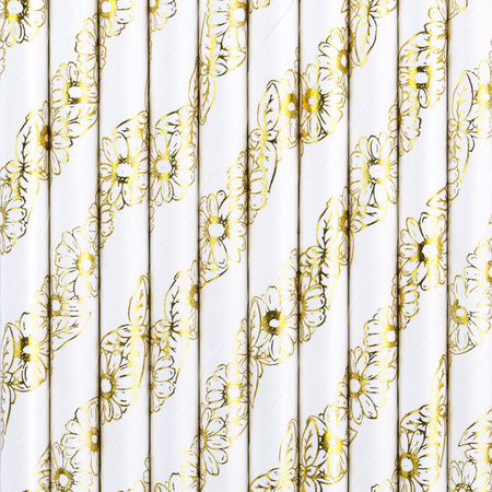 10x Paper straws with white gold flowers 19,5 cm