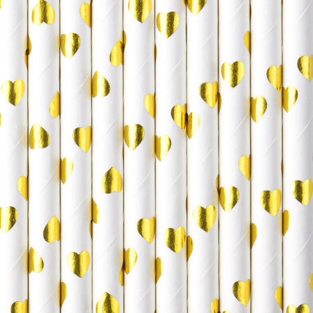 10x Paper straws with golden hearts 19,5 cm
