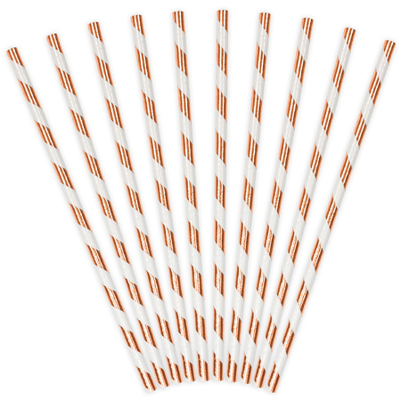 10x Paper straws with rose gold stripes 19,5 cm
