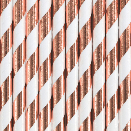 10x Paper straws with rose gold stripes 19,5 cm