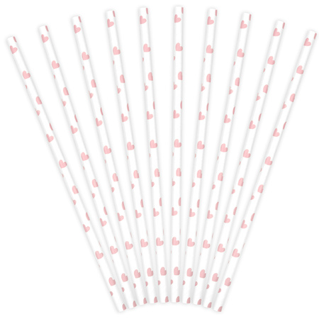 10x Paper straws with rose gold hearts 19,5 cm