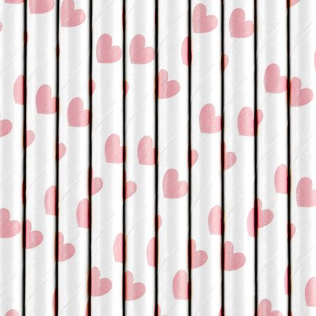 Drinkrietjes - papier - 10x - wit/roze hartjes - 19,5 cm - rietjes