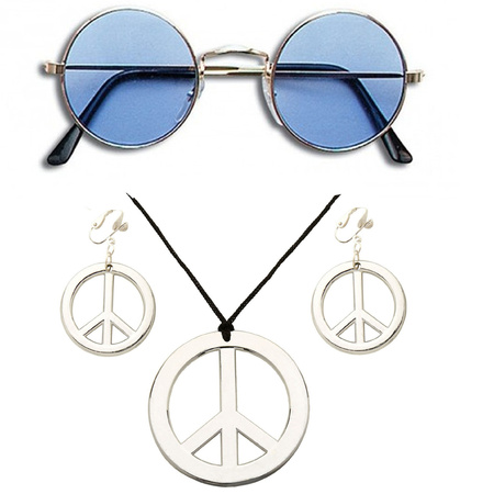 Toppers - Hippie Flower Power Sixties verkleed sieraden met blauwe party bril