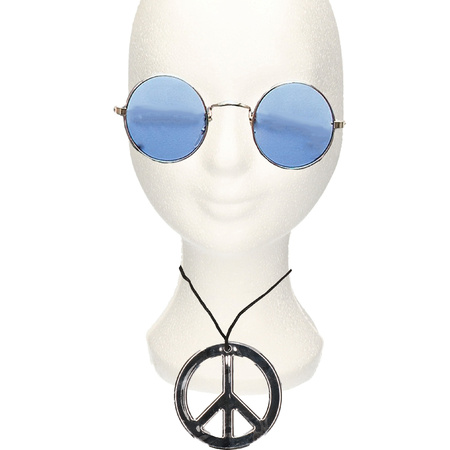 Hippie Flower Power theme set peace-sign necklace and sunglasses blue