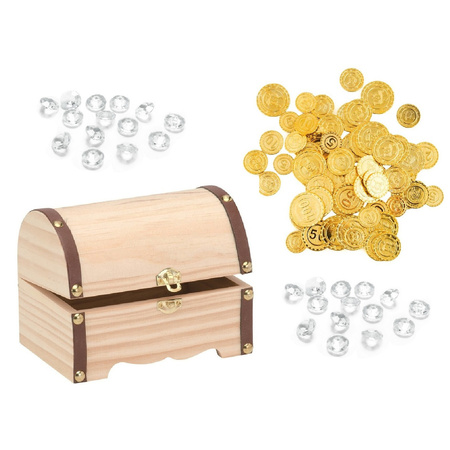 Wooden pirates treasurebox 15 x 10 cm with 100x plastic gold money coins