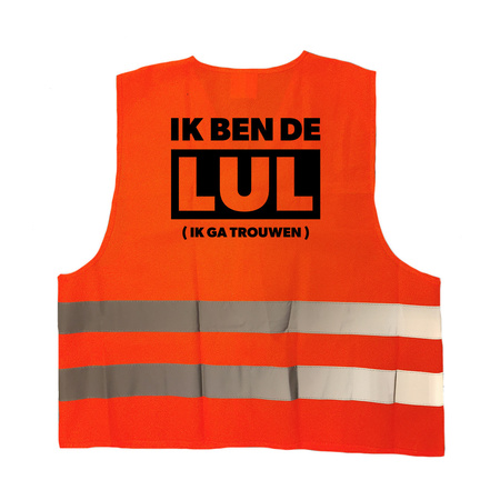 Bachelor party men safety vest package - 1x Ik ben de Lul orange + 5x Vrijgezellen team yellow 