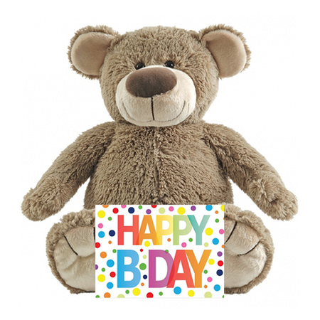 Kids present cuddle bear with Happy Birthday card