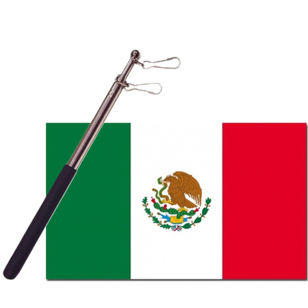 Landen vlag Mexico - 90 x 150 cm - met compacte draagbare telescoop vlaggenstok - supporters