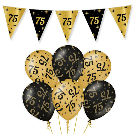 Leeftijd verjaardag feestartikelen pakket vlaggetjes/ballonnen 75 jaar zwart/goud