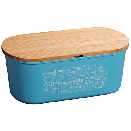 Light blue bread bin with cutting board lid and a Ss bread knife 18 x 34 x 14 cm