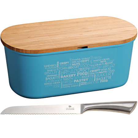 Light blue bread bin with cutting board lid and a Ss bread knife 18 x 34 x 14 cm