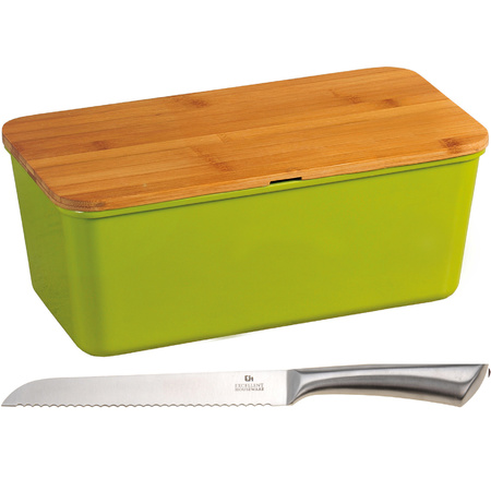Lime green bread bin with cutting board lid and a SS bread knife 18 x 34 x 14 cm