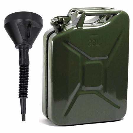Metal jerrycan dark green for fuel 20 liters with black funnel