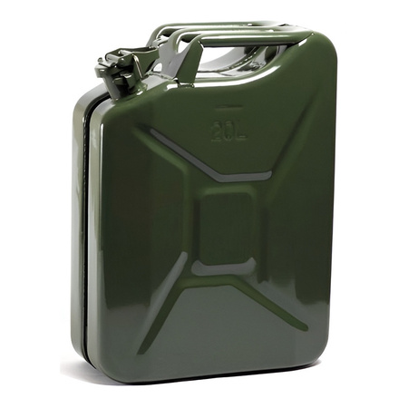 Metal jerrycan dark green for fuel 20 liters with black funnel