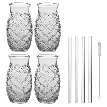 Set of 4x Cocktailglasses for 505 ml Pina Colada with 4 glass drinking straws
