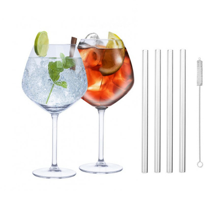 Set of 4x Gin Tonic cocktail glasses with 4x straws of glass