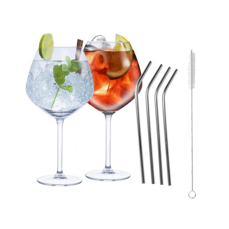 Set of 4x Gin Tonic cocktail glasses with 4x straws of stainless steel 