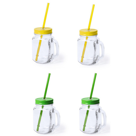 Set van 4x glazen drinkbekers dop/rietje 500 ml geel/groen