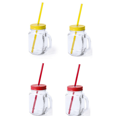 Set van 4x glazen drinkbekers dop/rietje 500 ml geel/rood