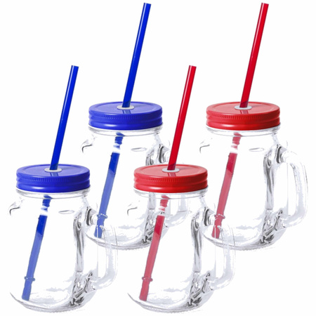 Set van 6x glazen drinkbekers dop/rietje 500 ml blauw/rood