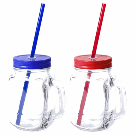 Set van 6x glazen drinkbekers dop/rietje 500 ml blauw/rood