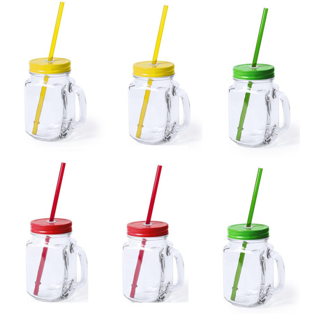 Set van 6x glazen drinkbekers dop/rietje 500 ml geel/groen/rood