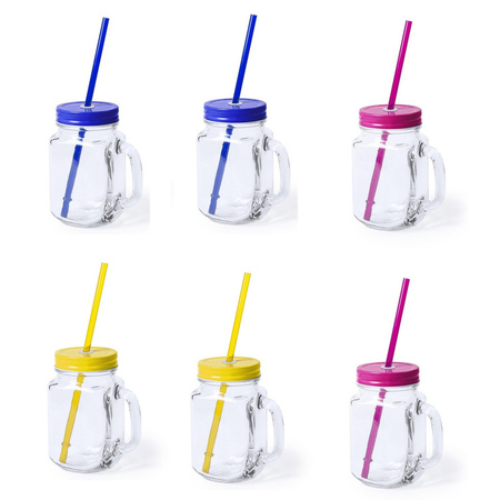 9x Drink cups glass 500 ml yellow/blue/pink