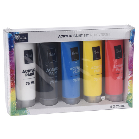 Setje acryl verf tubes 5 kleuren 75 ml