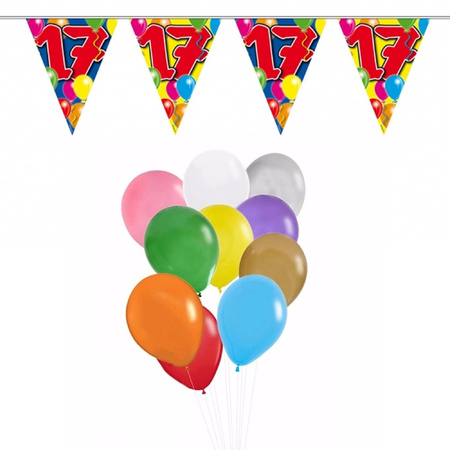 Birthday deco set 17 years 50x balloons and 2x bunting flags 10 meters