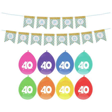 Birthday 40 years decorations - 16x theme balloons - 1x happy birthday guirlande 300 cm