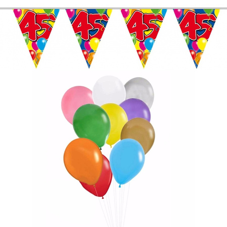 Birthday deco set 45 years 50x balloons and 2x bunting flags 10 meters