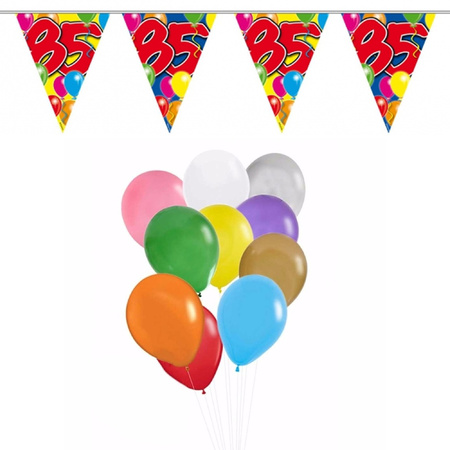 Verjaardag 85 jaar feest thema set 50x ballonnen en 2x leeftijd print vlaggenlijnen