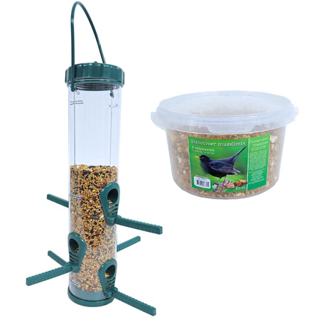 Vogel voedersilo groen/transparant kunststof 33 cm inclusief 4-seizoenen mueslimix vogelvoer