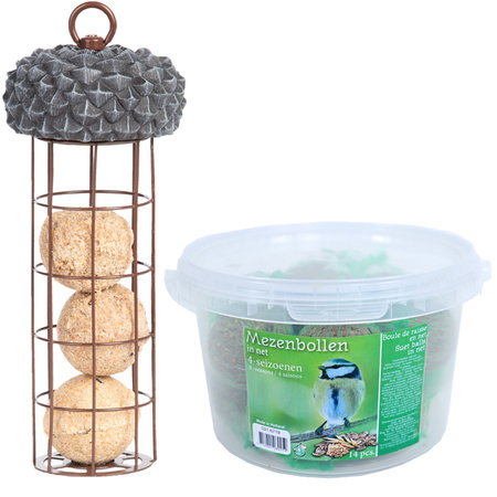 Bird feed silo with acorn lid including 14 fat balls