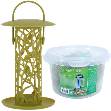 Bird feed silo with tray green plastic 27 cm including 14 fat balls