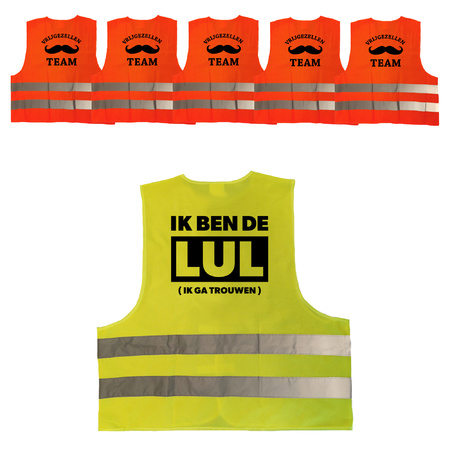 Vrijgezellenfeest heren hesjes pakket: 1x Ik ben de Lul geel + 5x Vrijgezellen team hesje oranje