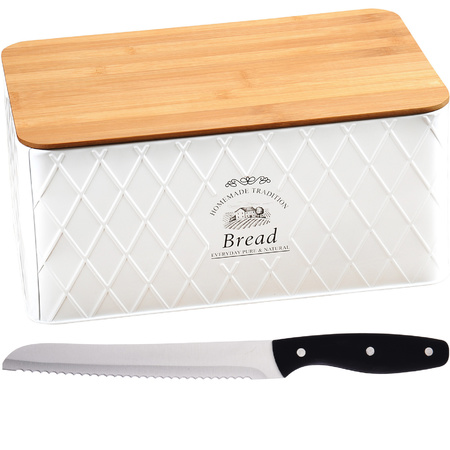 White metal bread bin with cutting board lid and a black/silver bread knife 18 x 34 x 14 cm