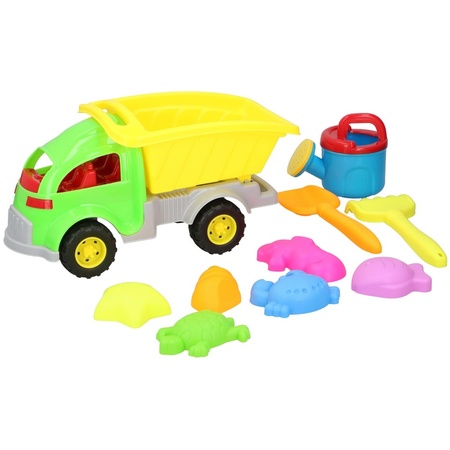 Zandbak speelgoed groene truck/kiepwagen 10-delig 33 cm